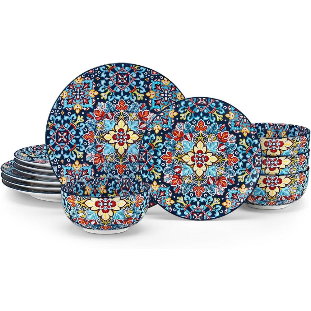 imagevancasso 18 Pieces Dinnerware Sets Plates and Bowls Set Porcelain Dishes Set for 6 Microwave and Dishwasher Safe Scratch Resistant Bohemian Style Dining Ware Service for 6 Series SIMIBohemian Red