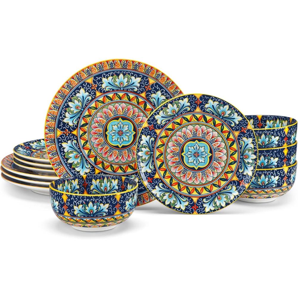 imagevancasso 18 Pieces Dinnerware Sets Plates and Bowls Set Porcelain Dishes Set for 6 Microwave and Dishwasher Safe Scratch Resistant Bohemian Style Dining Ware Service for 6 Series SIMIBohemian Yellow