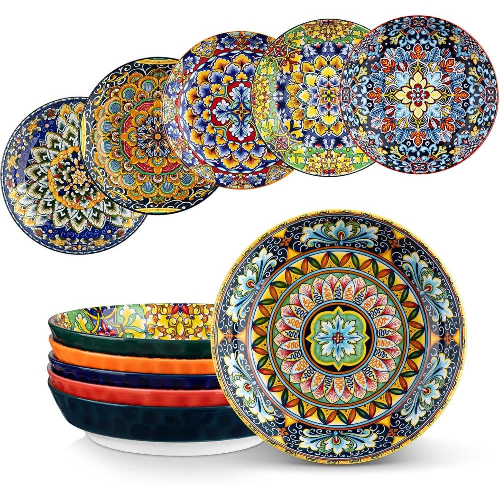 imagevancasso 32 Oz Pasta Bowls Sets of 6 Ceramic Large Colorful Salad Serving Bowls for Kitchen Dishwasher ampamp Microwave Safe Soup Pasta PlatesBohemian Style