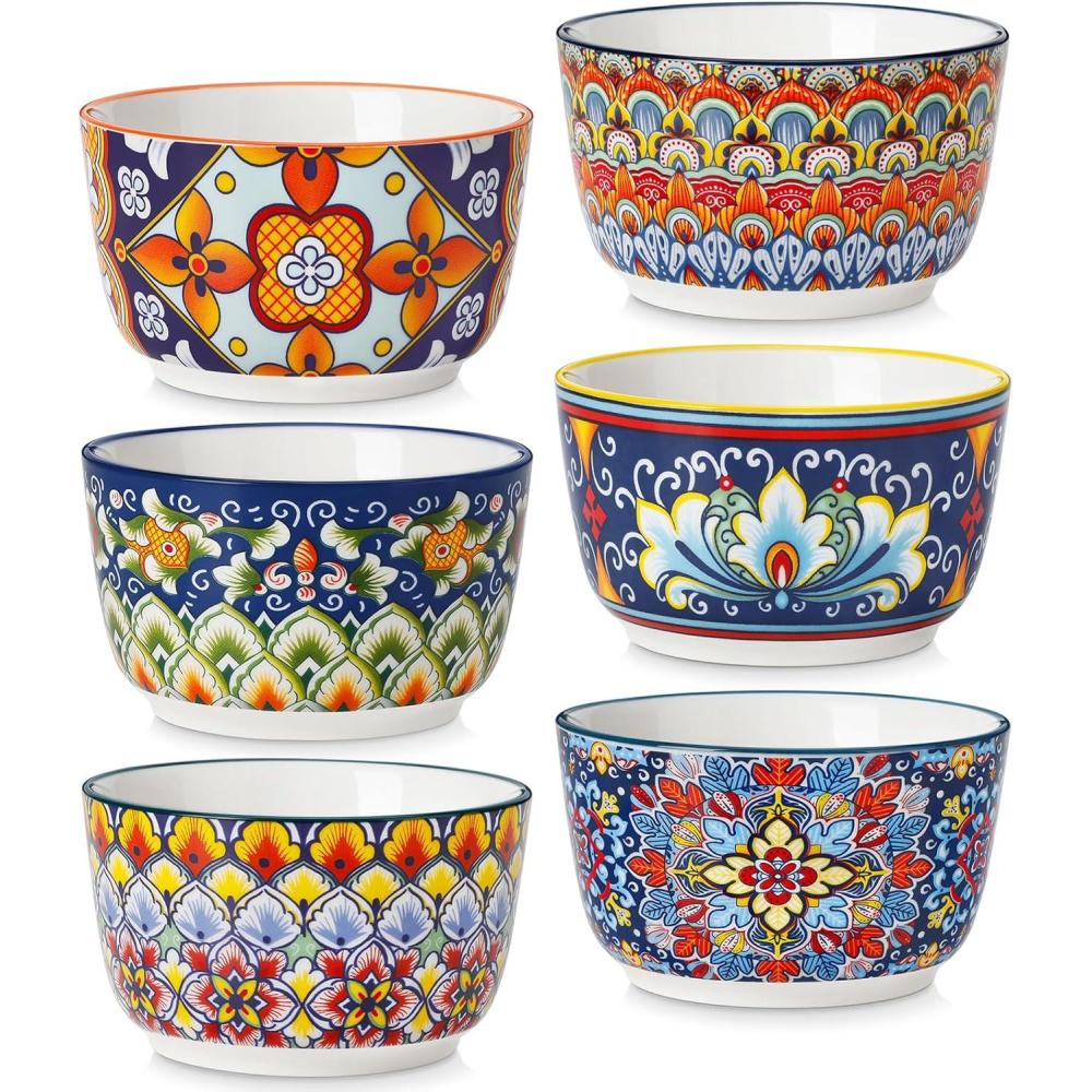 imagevancasso 6 Oz Ramekins Oven Safe Set of 6 Bohemian Creme Brulee Ramekins Colorful Souffle Dishes Pudding Custard Cups for Baking Small Ceramic Bowls for Dipping Sauce Ice Cream8 Oz