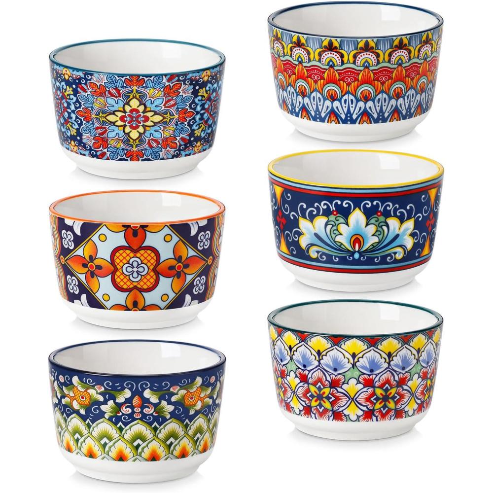imagevancasso 6 Oz Ramekins Oven Safe Set of 6 Bohemian Creme Brulee Ramekins Colorful Souffle Dishes Pudding Custard Cups for Baking Small Ceramic Bowls for Dipping Sauce Ice Cream4 Oz