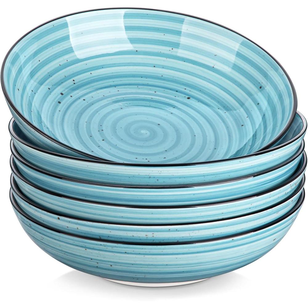 imagevancasso Bonbon Pasta Bowls Set of 6 38 Oz Ceramic Salad Bowls Wide and Shallow Bowls Set Large Serving Bowls for Kitchen BeigeBlue
