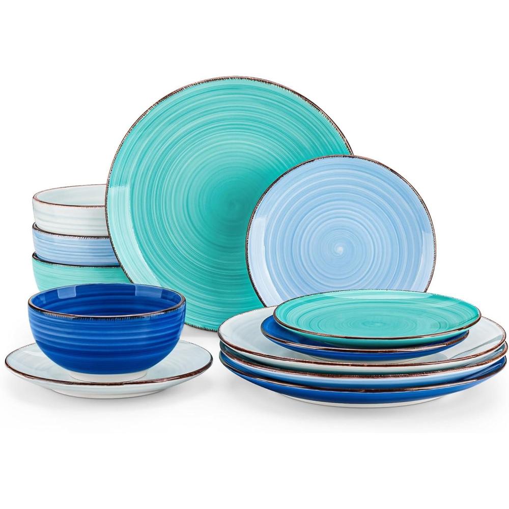 imagevancasso Bonita Dinnerware Set Blue Stoneware 12 Pieces Service for 4 Handpainted Spirals Pattern Stoneware Plates and Bowls SetBonita Blue