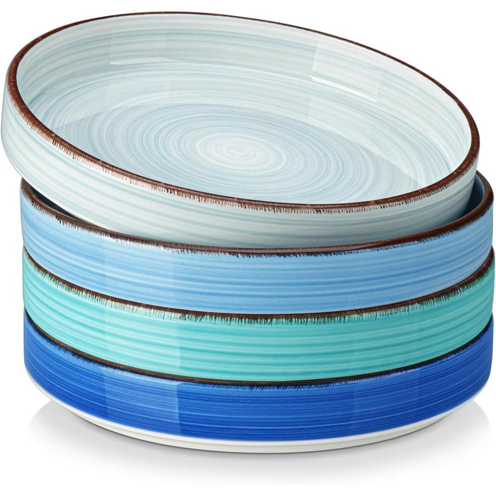imagevancasso Bonita Pasta Bowls Set of 4 32oz Shallow Bowl Plates Dinner Bowls Ceramic Pasta Plates Microwave ampamp Dishwasher Safe Serving Bowls BuleBlue