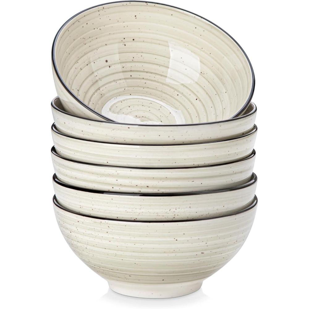 imagevancasso Bowls Set of 6 Ceramic Cereal Bowls 28 Oz Bonbon Beige Handpainted Spirals Pattern Soup Bowls for Kitchen Dishwasher ampamp Microwave Oven Safe