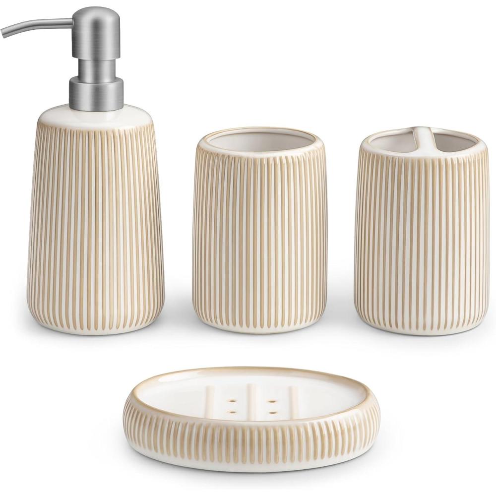 imagevancasso Ceramic Bathroom Accessories Set 4 Piece Soap Dispenser with Stainless Steel Pump Toothbrush Holder Tumbler and Soap Dish Modern Relief Design Bathroom Decor Organizer BlackBeigeWhite