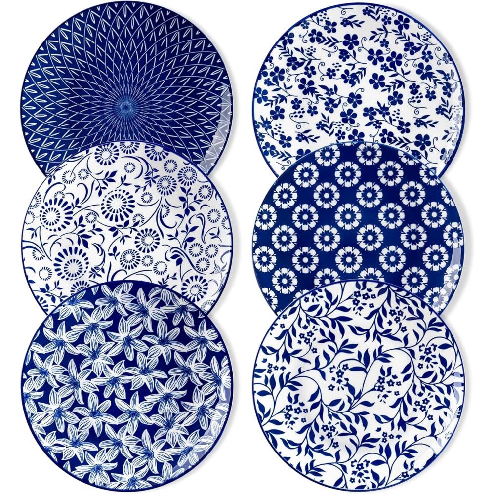 imagevancasso Ceramic Dinner Plates Set of 6 Large Vintage Plates 1025 Inch Set of 6 for Kitchen Porcelain Blue and White Plates for Kitchen Microwave Oven Dishwasher Safe Vintage Gift BlueBlue