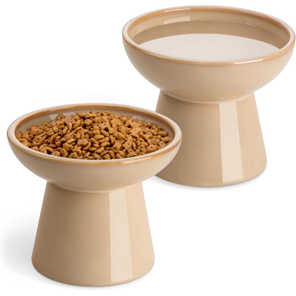 imagevancasso Ceramic Elevated Cat Bowls 2Pack  62quot Extra Wide Raised Cat Food ampamp Water Dishes 51quot Optimal Height AntiWhisker Fatigue Shallow Bowls for CatsKittensDogs Lead ampamp Cadmium Free GreyBrown