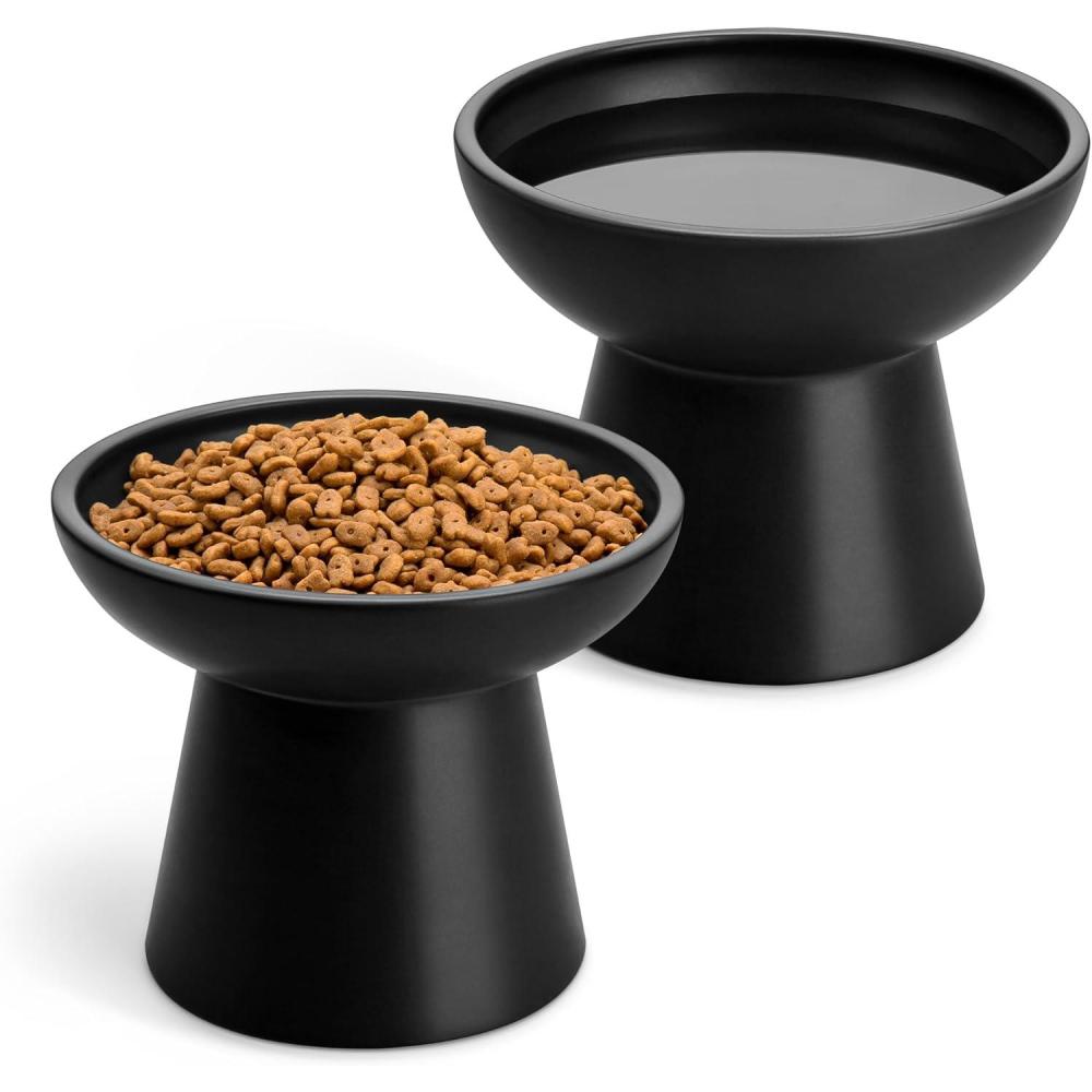 imagevancasso Ceramic Elevated Cat Bowls 2Pack  62quot Extra Wide Raised Cat Food ampamp Water Dishes 51quot Optimal Height AntiWhisker Fatigue Shallow Bowls for CatsKittensDogs Lead ampamp Cadmium Free GreyBlack