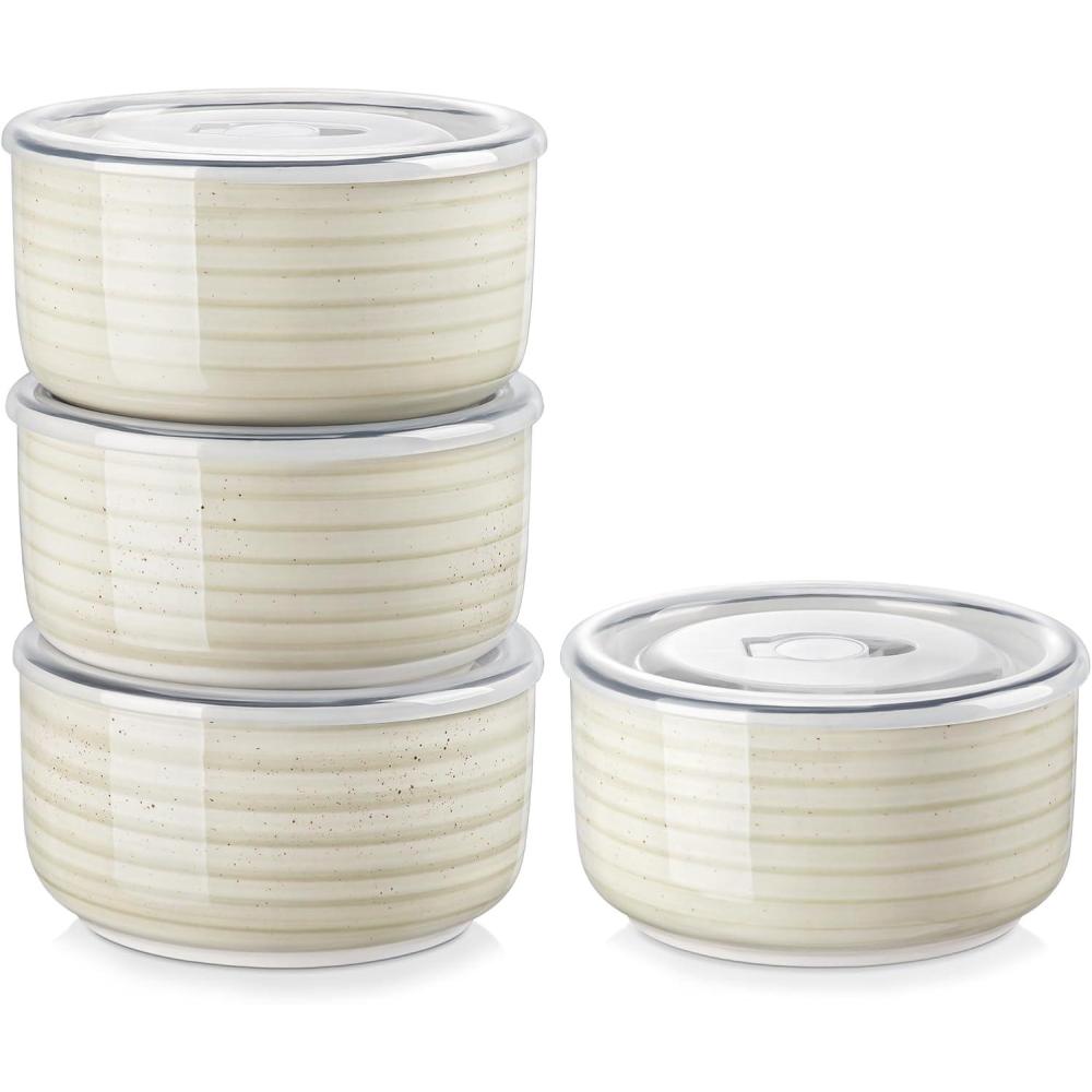 imagevancasso Ceramic Mixing Bowls with Lids Set of 4 Airtight Nesting Serving Bowls for Food Storage Meal Prep Leftovers Microwave and Dishwasher Safe 60362010 oz Stylish and Functional DesignBeige