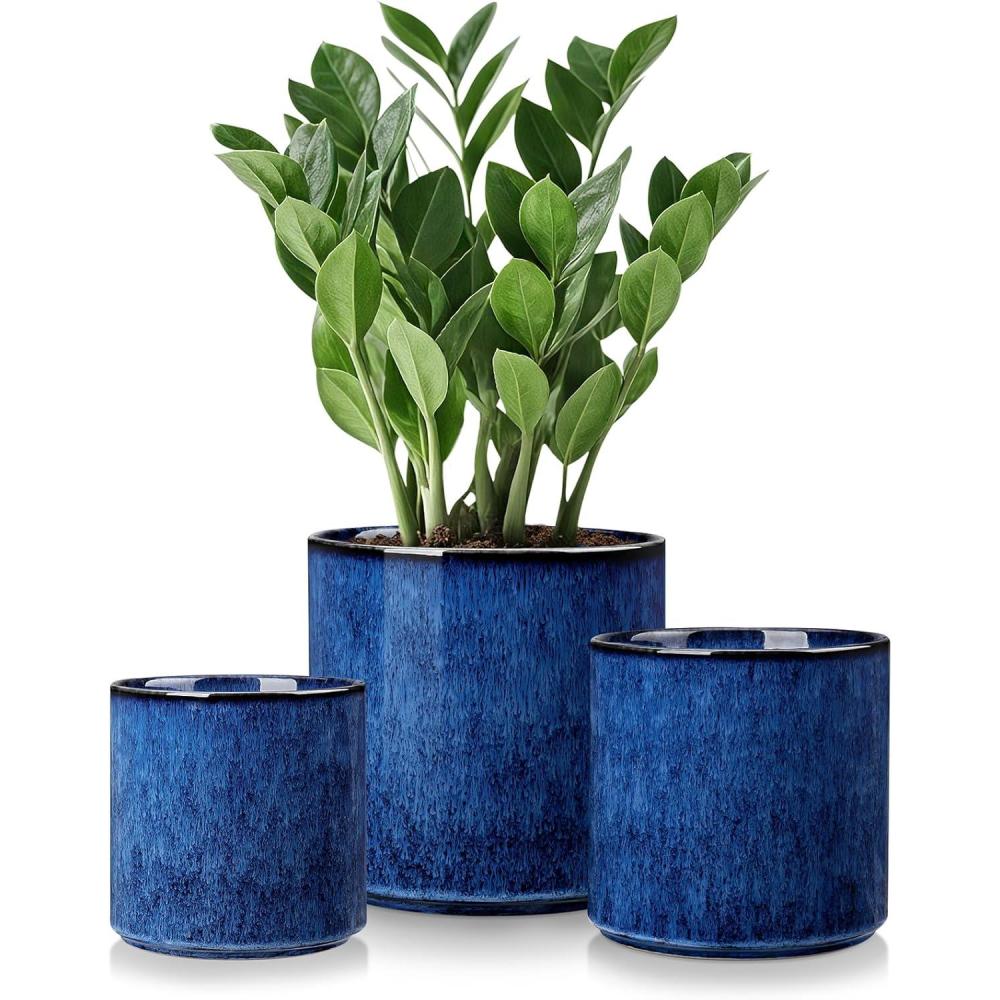 imagevancasso Ceramic Plant Pots 425525625 Inch Planter Pot with Drainage Hole Flower Pots for Indoor Outdoor Plants Set of 3 BlueBlue