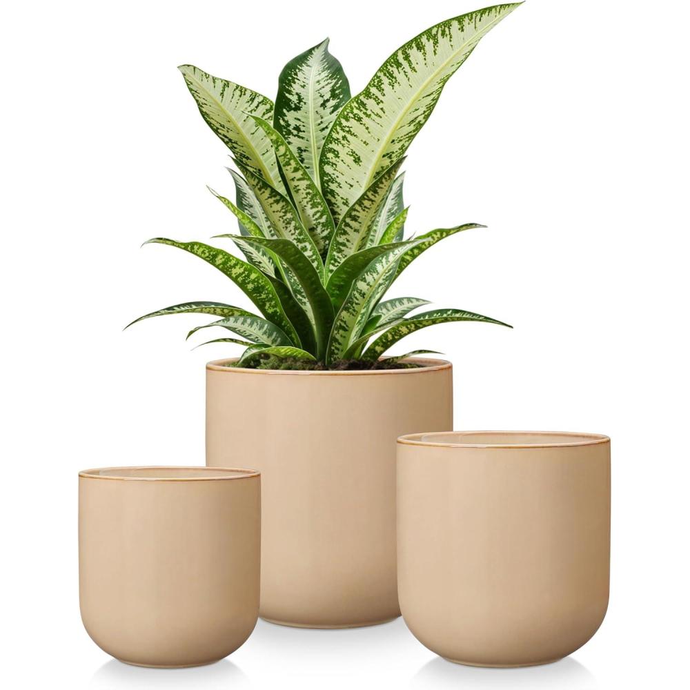 imagevancasso Ceramic Plant Pots 456 inches Set of 3 Planters with Drainage Hole Flower Pots Planters Pots for Indoor Plants Modern Indoor Decorative Garden Pot Home Decor WhiteBrown