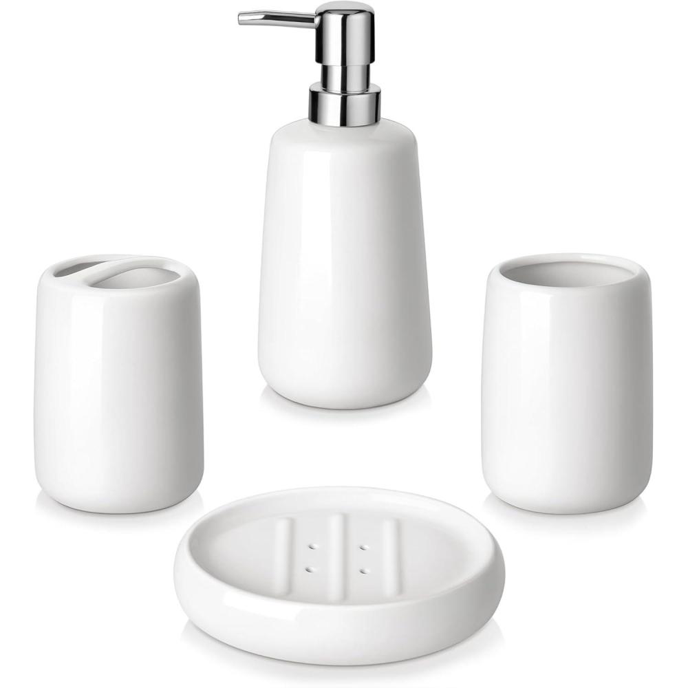 imagevancasso Green Bathroom Accessories Set Ceramic Soap Dispenser and Toothbrush Holder Sets Stoneware 4 Pcs Bathroom Sink Set for Modern Home Decor Series StarryWhite