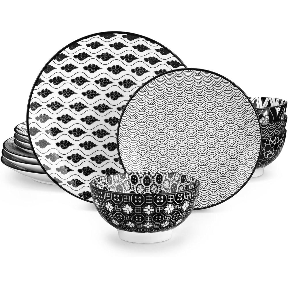 imagevancasso Haruka 12 Pieces Plates and Bowls Set Ceramic Dinnerware Sets for 4 Black and White Porcelain Dishes SetBlackWhite