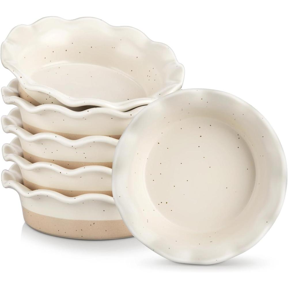 imagevancasso Mini Pie Pans Set of 6 52 inch Ceramic Small Pie Plate for Baking Shallow Ramekins Mini Pie Dish with Ruffled Edge for Chicken Pot Pie Cake Quiche Tart Cream ColoredCream