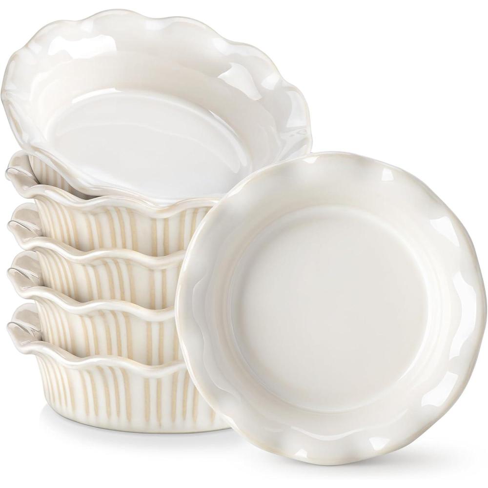 imagevancasso Mini Pie Pans Set of 6 52 inch Ceramic Small Pie Plate for Baking Shallow Ramekins Mini Pie Dish with Ruffled Edge for Chicken Pot Pie Cake Quiche Tart Cream ColoredWhite