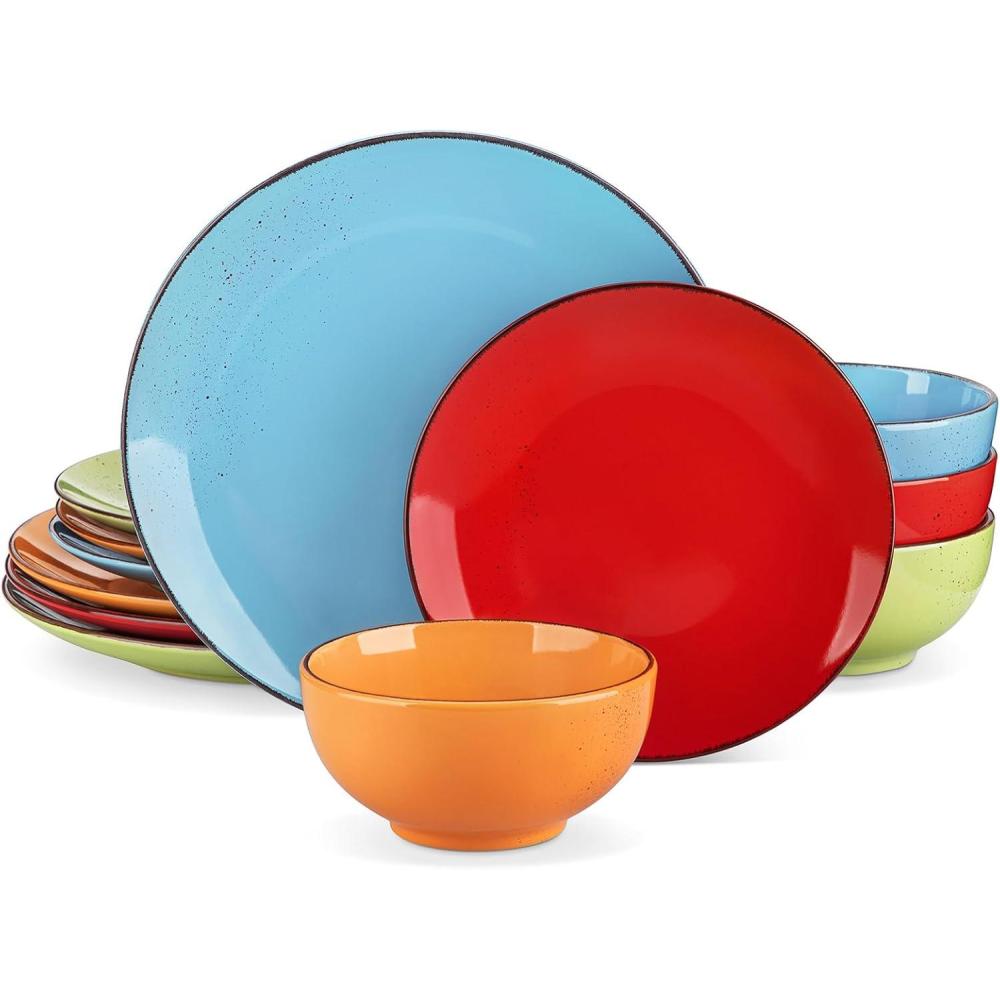 imagevancasso Navia Dinnerware Sets Stoneware Plates and Bowls Sets Dinner Salad Dessert Plates and Cereal Bowls Set Dishes Set for 4 Spray Spot Patterned MultiColorAuqa Blue  Orange  Red  Grass Green