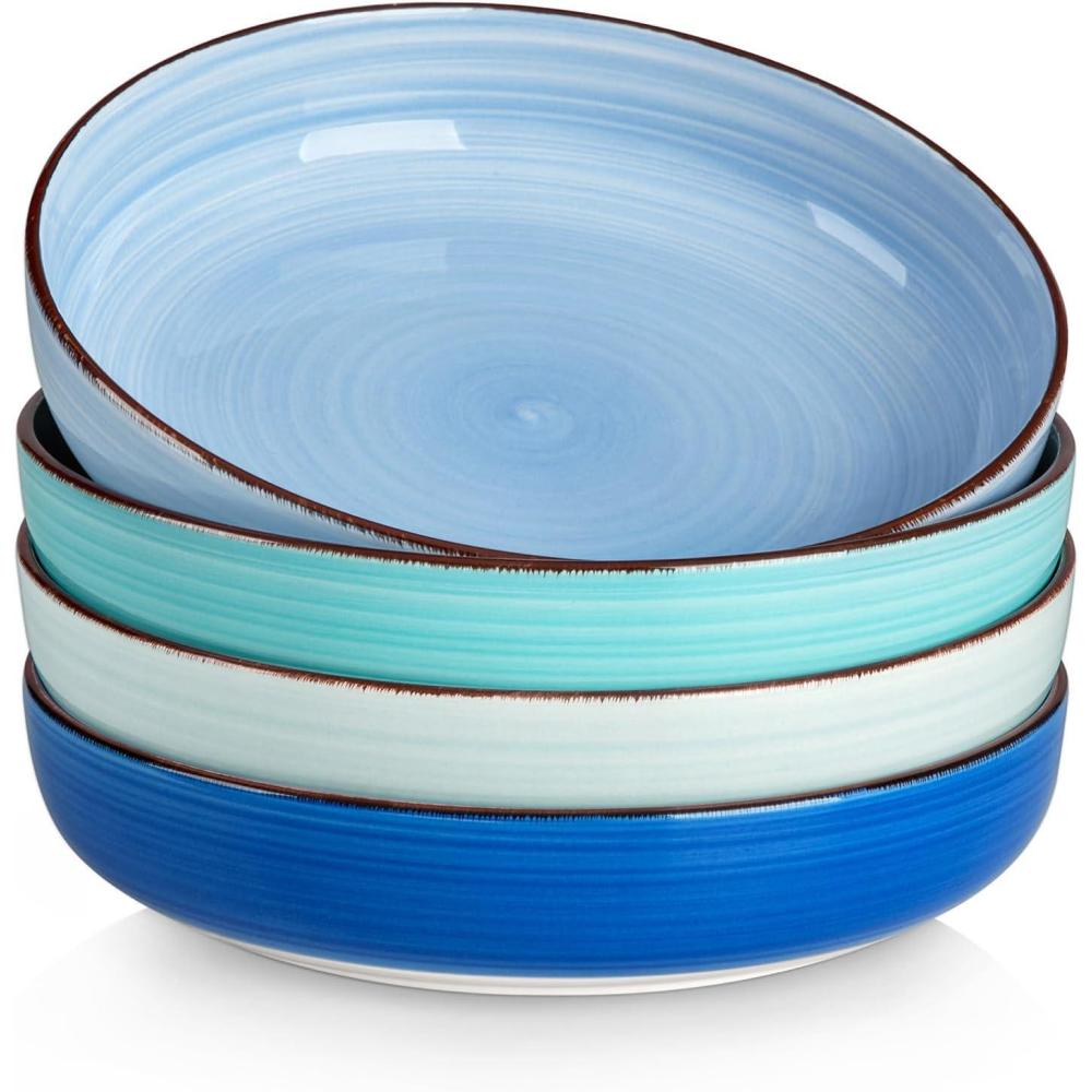 imagevancasso Pasta Bowls Set of 4 46 oz Ceramic Salad Serving Bowls and Soup Bowls Microwave Safe Pasta Plates Large Shallow Kitchen Dishes Bonita Series  BlueBlue