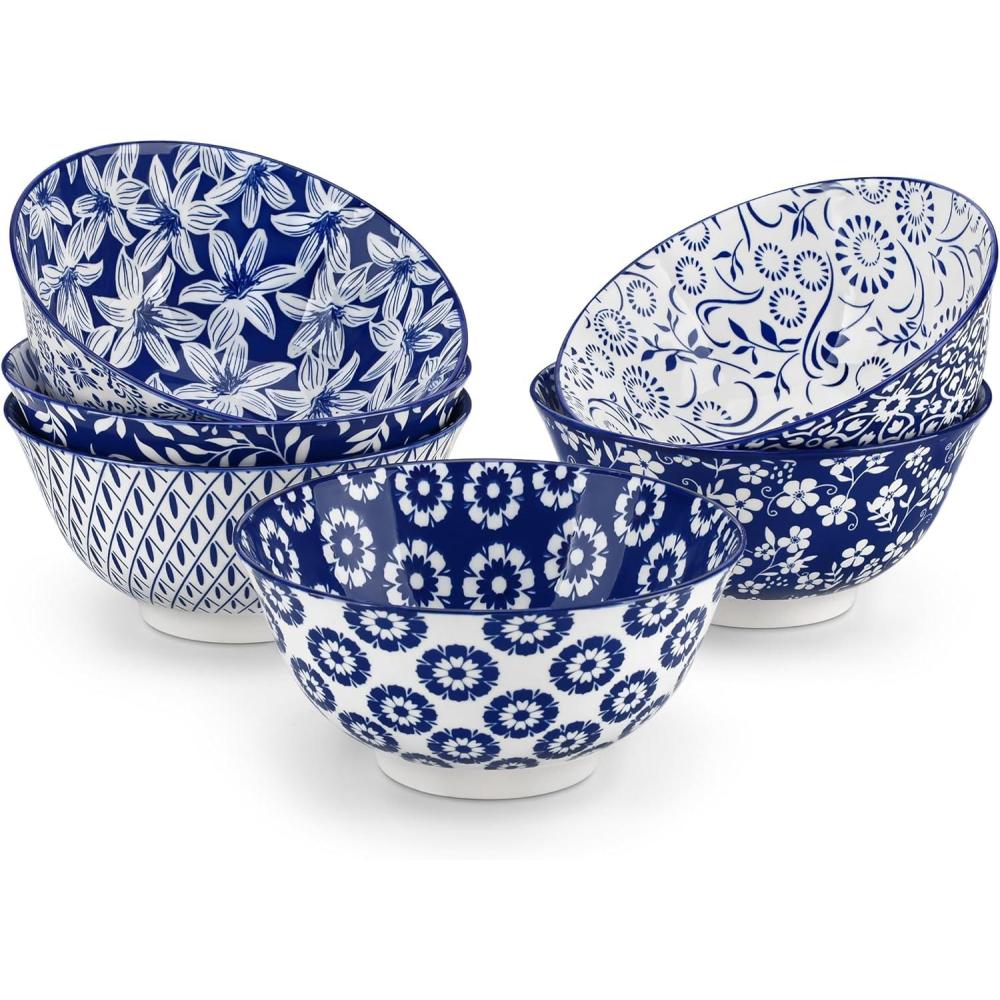 imagevancasso SELENE 24 oz Cereal Bowls set of 6 Ceramic Soup Bowls for Kitchen Dishwasher ampamp Microwave Oven Safe for Cereal Soup Pasta Salad Blue ampamp White Floral Design Bowl Set