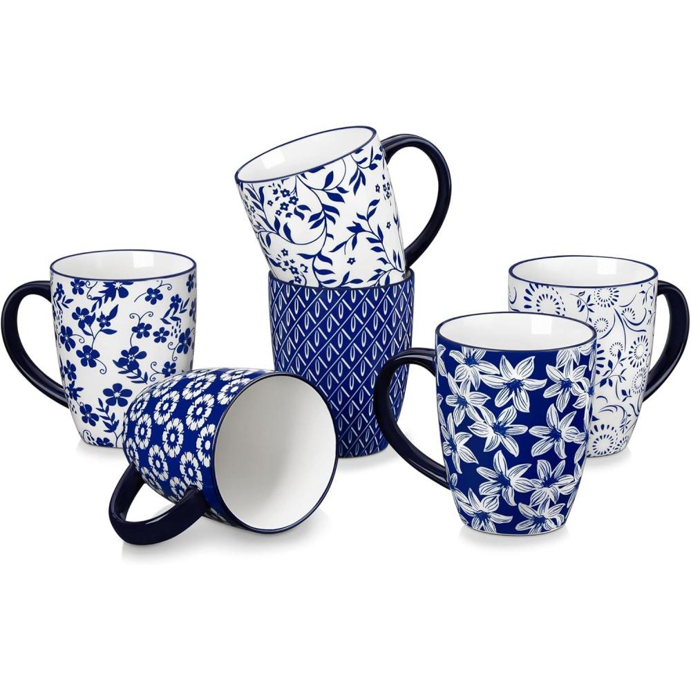 imagevancasso SELENE Large Coffee Mugs Set of 6 16 Oz Porcelain Coffee Cups with Handle Ceramic Tea Cup for Cappuccino Latte Tea Cocoa Dishwasher ampamp Microwave Safe Gift Sets Vintage Blue