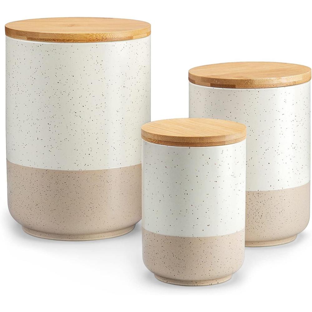 imagevancasso Sabine Ceramic Canister Set with Airtight Wood Lids  3Piece Kitchen Storage for Flour Sugar Coffee Tea ampamp Spices  Modern Countertop Decor183674 OZ