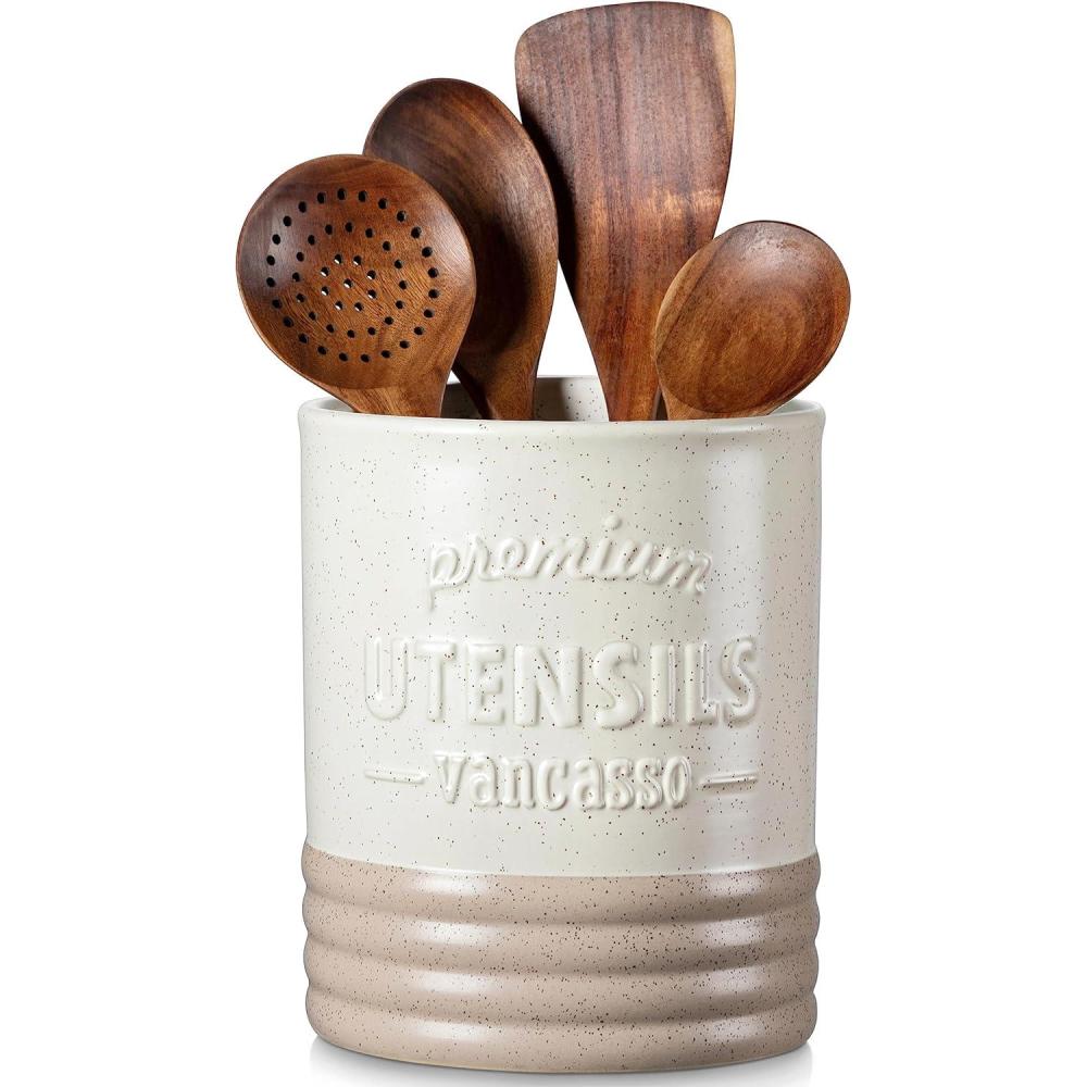 imagevancasso Sabine Utensil Holder 72quot Large Utensil Crock for Kitchen Counter Ceramic Utensil Crock Storage Matte CreamColored Farmhouse Utensil Organizer Utensil Storage for Home Dcor Gifts72inch