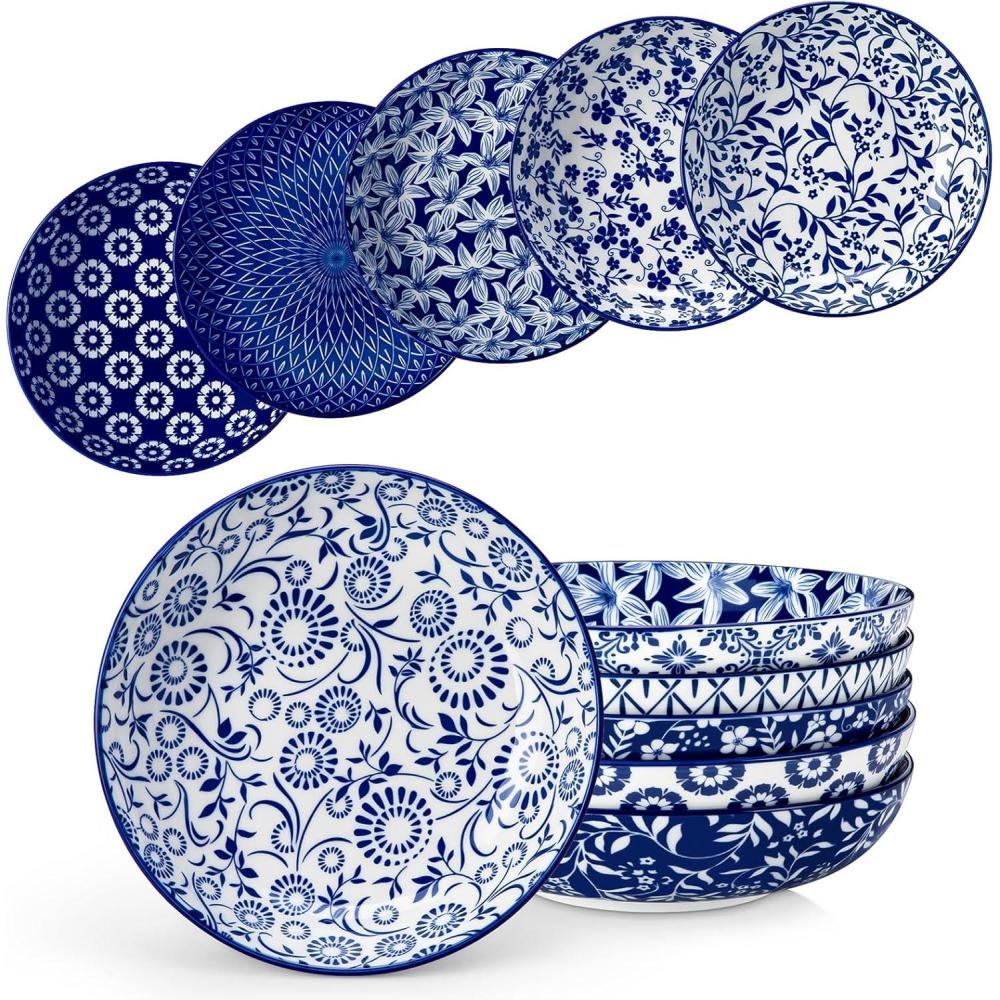 imagevancasso Selene 85quot Pasta Bowls Set of 6 40 oz Porcelain Shallow Salad Bowls Serving Bowls Large Kitchen Bowl Plates Pasta Plates Blue ampamp White Floral Design Microwave Safe