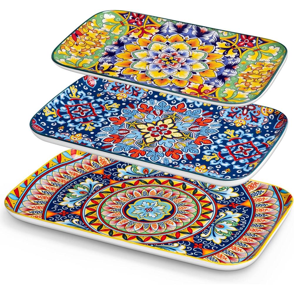 imagevancasso Serving Platters Set of 3 16quot14quot12quot Inch Rectangular Trays  Serving Platter Extra Large Bohemian Ceramic Serving Dish for Entertaining Food Microwave ampamp Dishwasher Safe ColorfulVintage