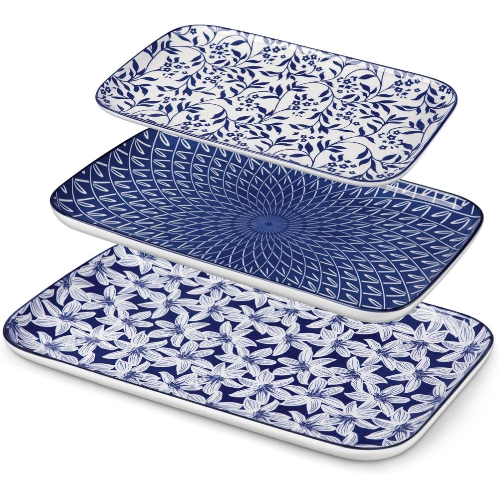 imagevancasso Serving Platters Set of 3 16quot14quot12quot Inch Rectangular Trays  Serving Platter Extra Large Ceramic Serving Dish Microwave ampamp Dishwasher Safe Vintage Blue BVintage Blue A