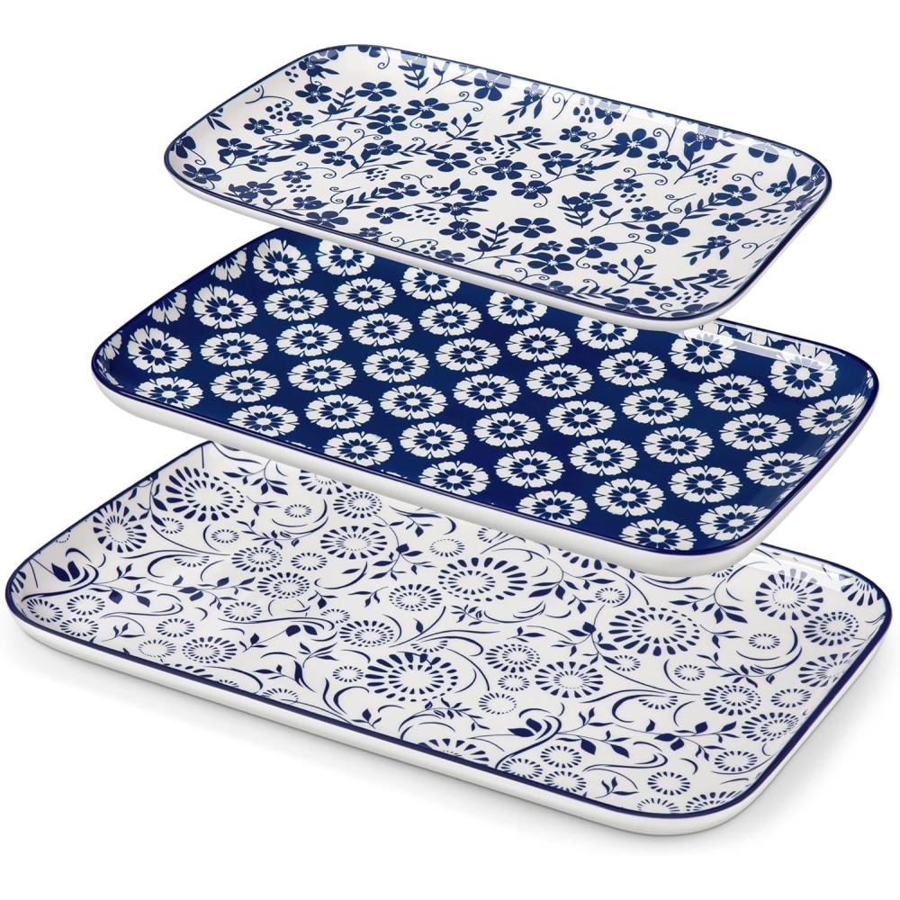 imagevancasso Serving Platters Set of 3 16quot14quot12quot Inch Rectangular Trays  Serving Platter Extra Large Ceramic Serving Dish Microwave ampamp Dishwasher Safe Vintage Blue BVintage Blue B