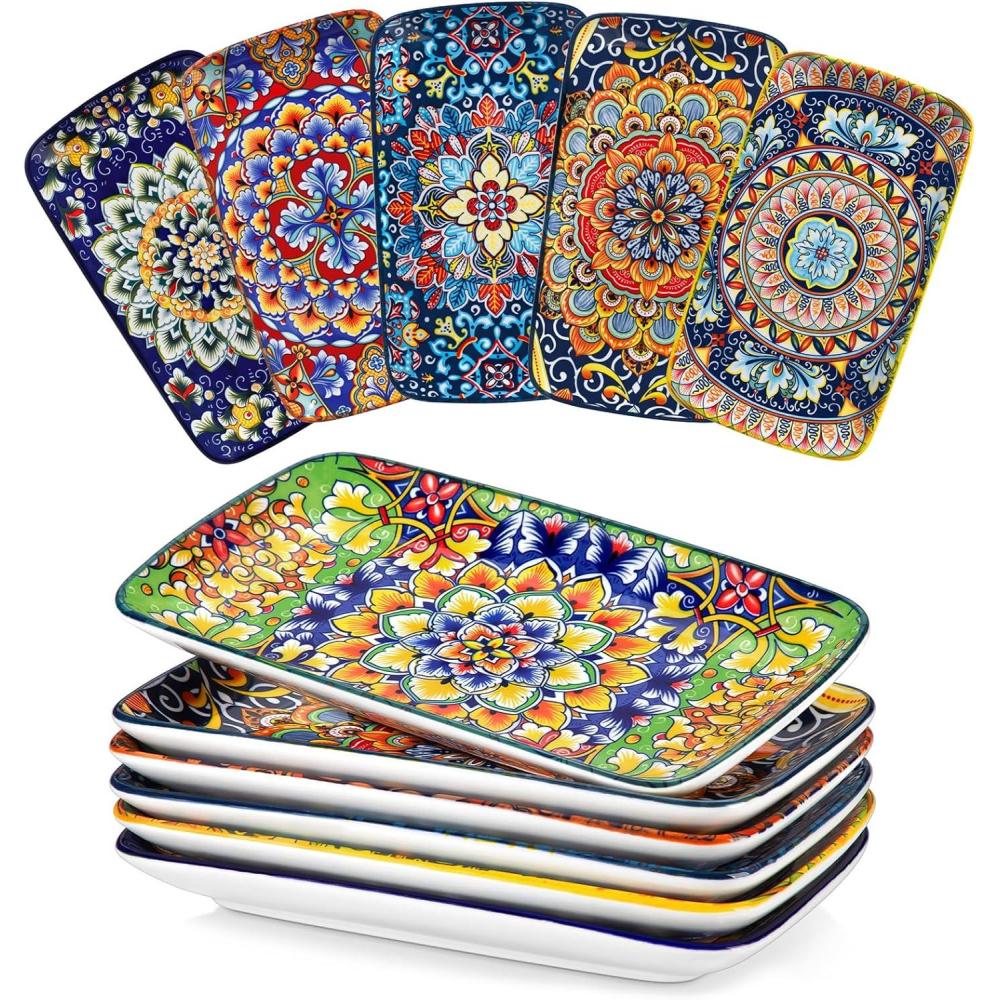 imagevancasso Simi 95 Inch Rectangular Dinner Plates Set of 6  Bohemian Floral Design in 6 Vibrant Colors Microwave ampamp Dishwasher Safe Porcelain Plates for Salad Appetizers Entertaining95 Inch