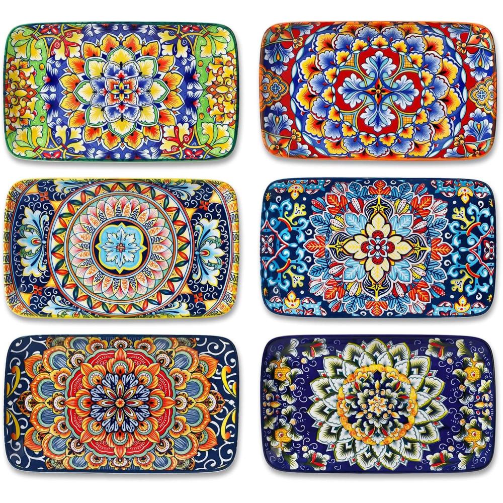 imagevancasso Simi 95 Inch Rectangular Dinner Plates Set of 6  Bohemian Floral Design in 6 Vibrant Colors Microwave ampamp Dishwasher Safe Porcelain Plates for Salad Appetizers Entertaining85 Inch