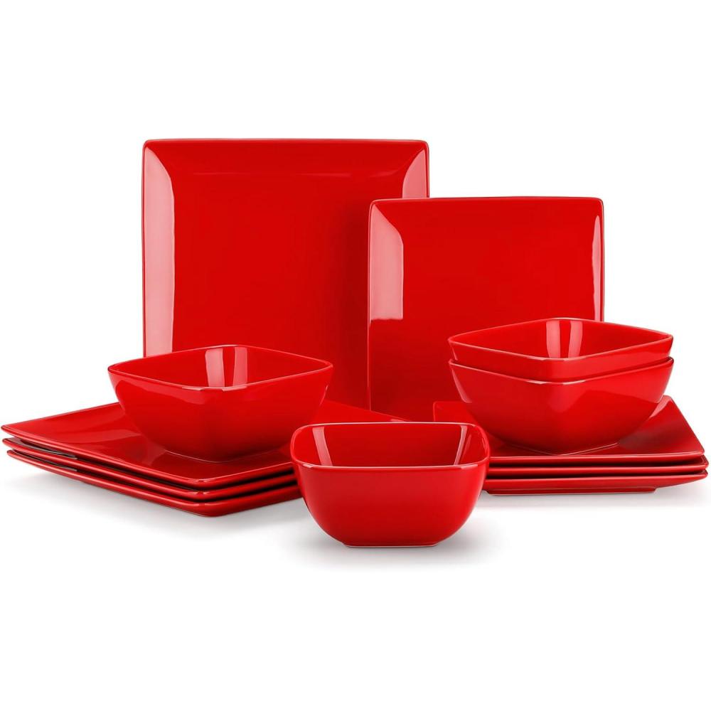 imagevancasso Soho Dinnerware Sets 12 Pieces White Stoneware Square Place Setting Dinner Plate Dessert Plate Bowls Service for 4Red
