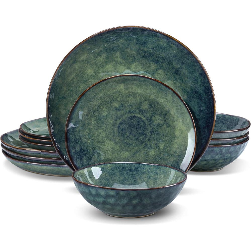 imagevancasso Starry 12 Pieces Green Dinnerware Set Reactive Change Glaze Dinner Set Plates and Bowls Set