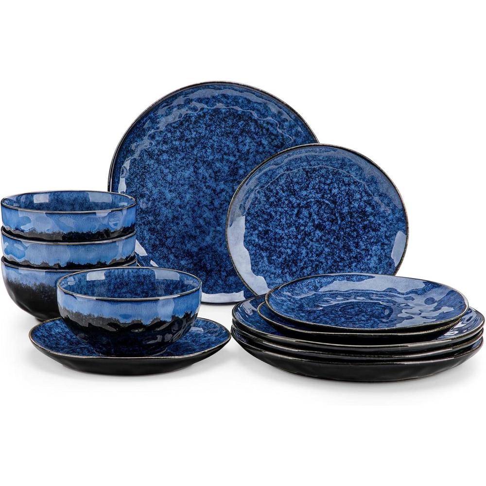 imagevancasso Starry 16 Pieces Green Dinnerware Set Reactive Glaze Dinner Sets Plates and Bowls Set for 4 16 Pcs Ceramic Dish Set StonewareStarryBlue