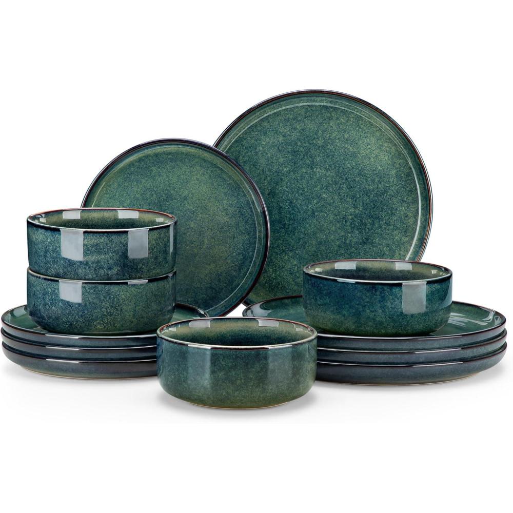 imagevancasso Starry 18 Pieces Dinnerware Sets for 6 Green Reactive Glaze Dishes Sets Ceramic Plates and Bowls Set Dinner Salad Dessert Plates and Cereal Bowls Set Dishwasher and Microwave SafeGreen