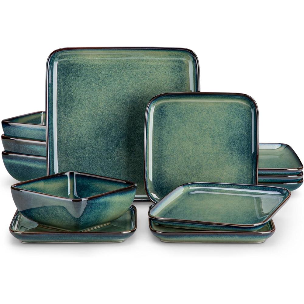imagevancasso Stern Green Dinner Set Square Reactive Glaze Dish Set 16 Pieces Kitchen Dinnerware Stoneware Crockery with Dinner Plate Dessert Plates Bowl and Soup Plate Service for 4Green