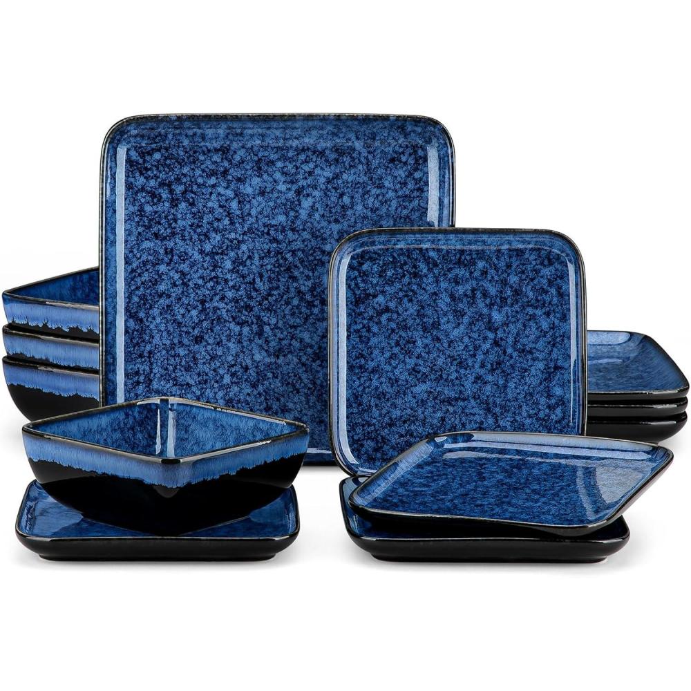 imagevancasso Stern Green Dinner Set Square Reactive Glaze Dish Set 16 Pieces Kitchen Dinnerware Stoneware Crockery with Dinner Plate Dessert Plates Bowl and Soup Plate Service for 4Blue