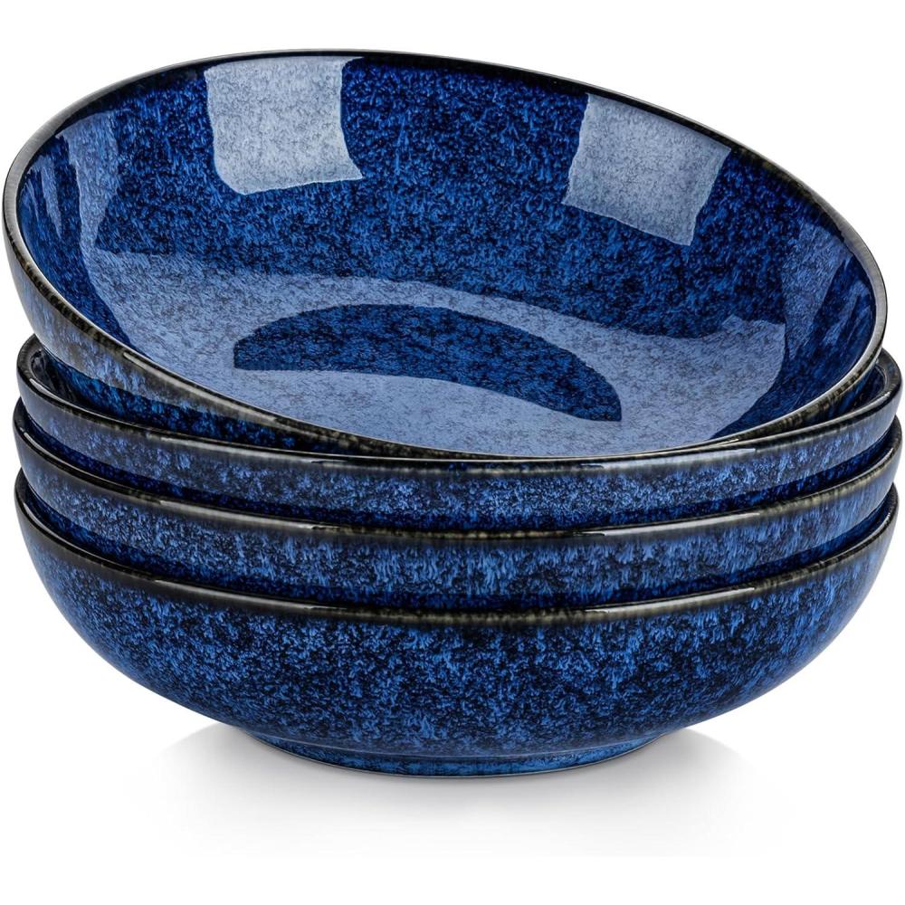 imagevancasso Stern Large Pasta Bowls Set of 4 38 Oz Ceramic Salad Plate Bowls for Serving Kitchen Stoneware Wide Bowls for Soup Pasta Salad Cereals Microwave Oven Safe Reactive GlazeBlueBlue
