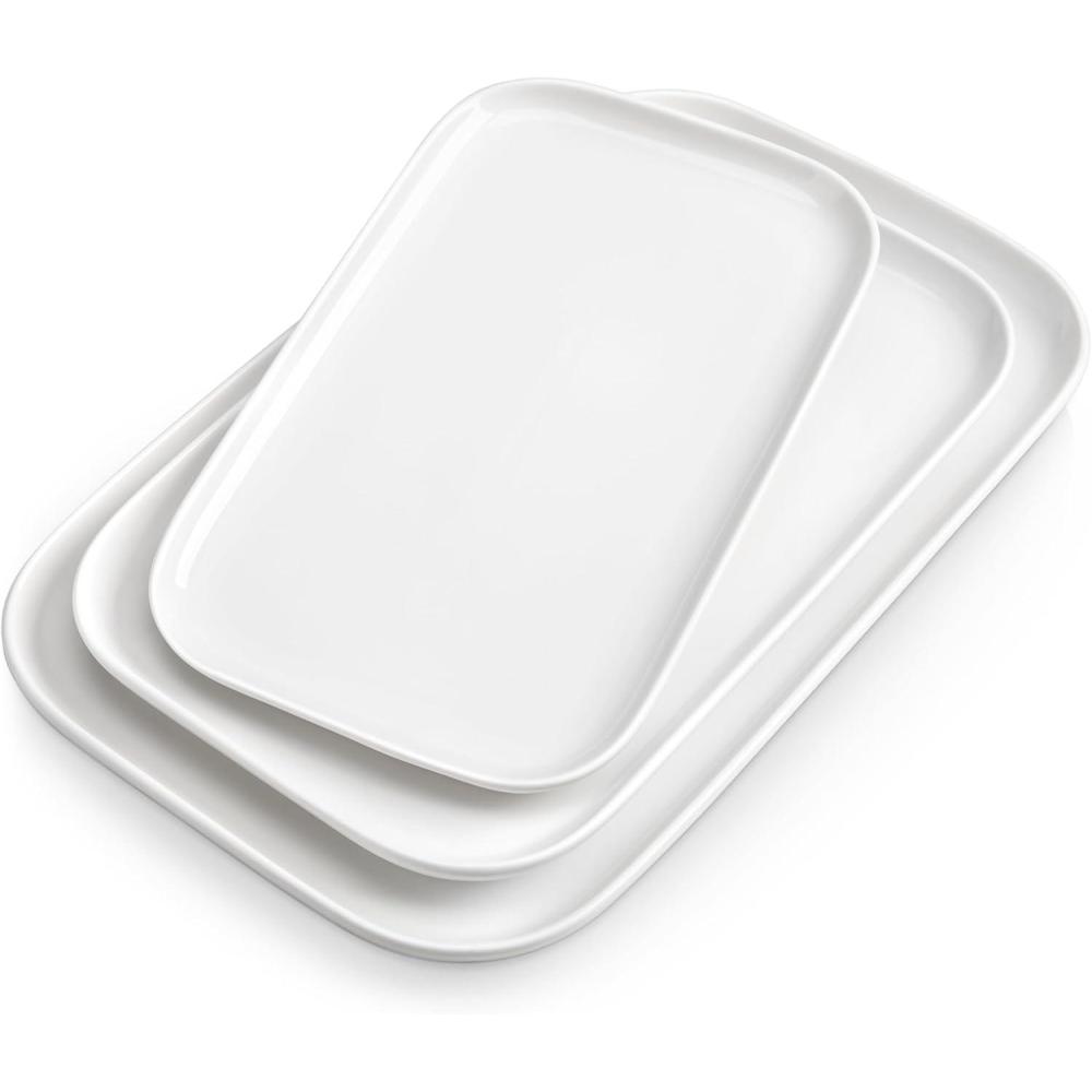 imagevancasso Stern Serving Platters Set of 4 11 Inches Rectangular Ceramic Serving Plates Green Serving Trays for EntertainingWhite