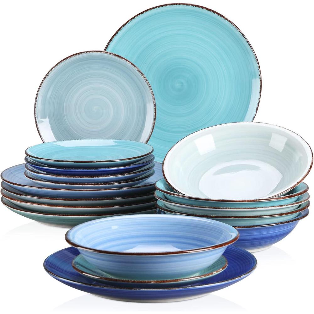 imagevancasso Stoneware Dinnerware Set Bonita Blue 18Piece Service for 6 Handpainted Spirals Pattern Stoneware Combination Set with 106in Dinner Plate 75in Dessert Plate and 21oz Soup BowlBonita Blue