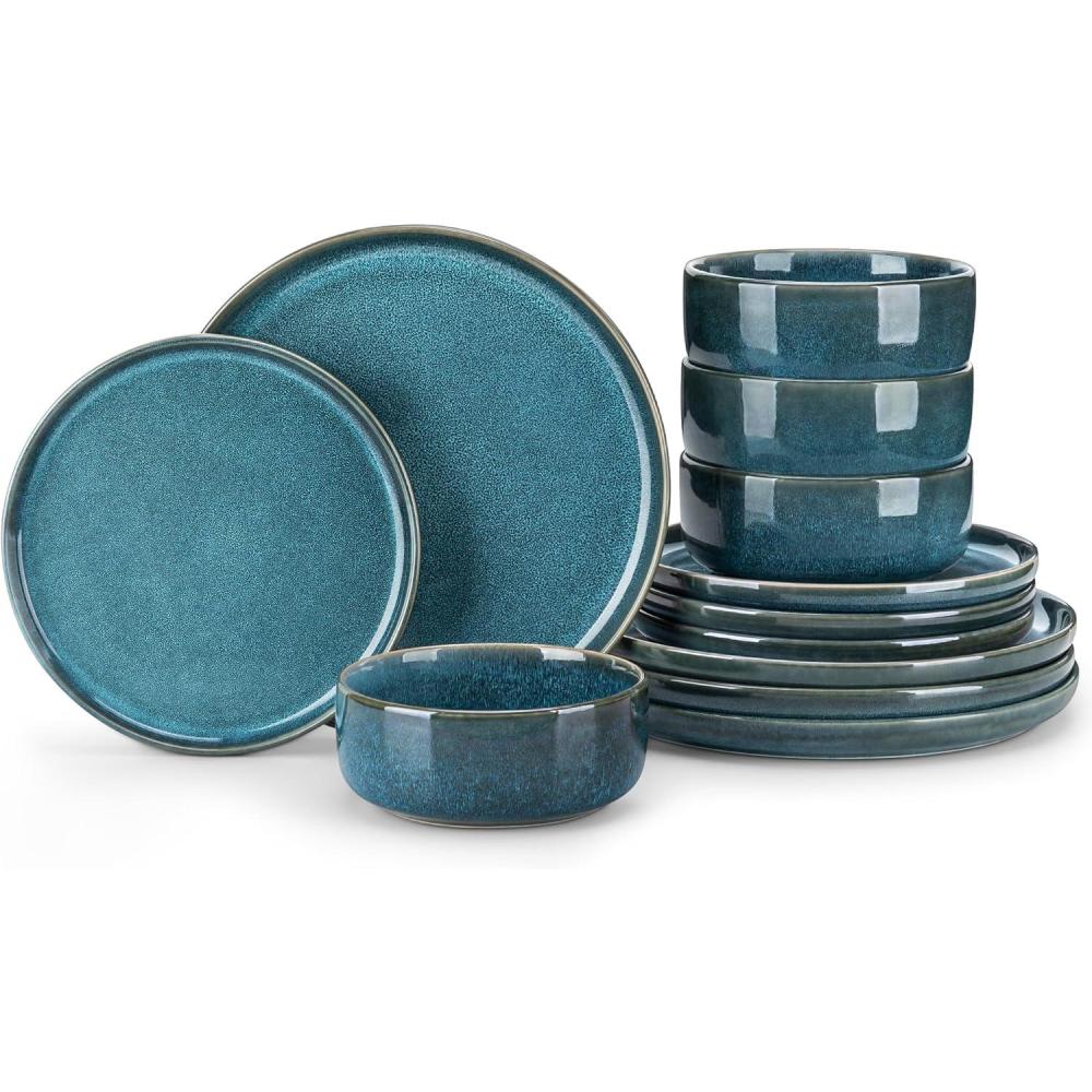 imagevancasso VEGA Plates and Bowls Sets 12 Pieces Stoneware Dinnerware Sets Dishes Set Modern kitchen Dishware Sets Service for 4 Dishwasher and Microwave Safe BlueBlue