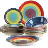 vancasso Stoneware Dinnerware Set Bonita Blue 18-Piece Service for 6, Handpainted Spirals Pattern Stoneware Combination Set with 10.6in Dinner Plate, 7.5in Dessert Plate and 21oz Soup Bowl(Arco-Muticolor)