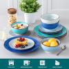 vancasso Bonita Dinnerware Set Blue Stoneware 12 Pieces Service for 4, Handpainted Spirals Pattern Stoneware Plates and Bowls Set(Bonita Blue)
