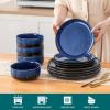 vancasso Starry 18 Pieces Dinnerware Sets for 6, Green Reactive Glaze Dishes Sets, Ceramic Plates and Bowls Set, Dinner Salad Dessert Plates, and Cereal Bowls Set, Dishwasher and Microwave Safe(Blue)