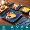 vancasso Stern Green Dinner Set- Square Reactive Glaze Dish Set- 16 Pieces Kitchen Dinnerware Stoneware Crockery with Dinner Plate, Dessert Plates, Bowl and Soup Plate Service for 4(Blue)
