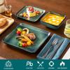 vancasso Stern Green Dinner Set- Square Reactive Glaze Dish Set- 16 Pieces Kitchen Dinnerware Stoneware Crockery with Dinner Plate, Dessert Plates, Bowl and Soup Plate Service for 4(Green)