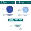 vancasso Stoneware Dinnerware Set Bonita Blue 18-Piece Service for 6, Handpainted Spirals Pattern Stoneware Combination Set with 10.6in Dinner Plate, 7.5in Dessert Plate and 21oz Soup Bowl(Bonita Blue)