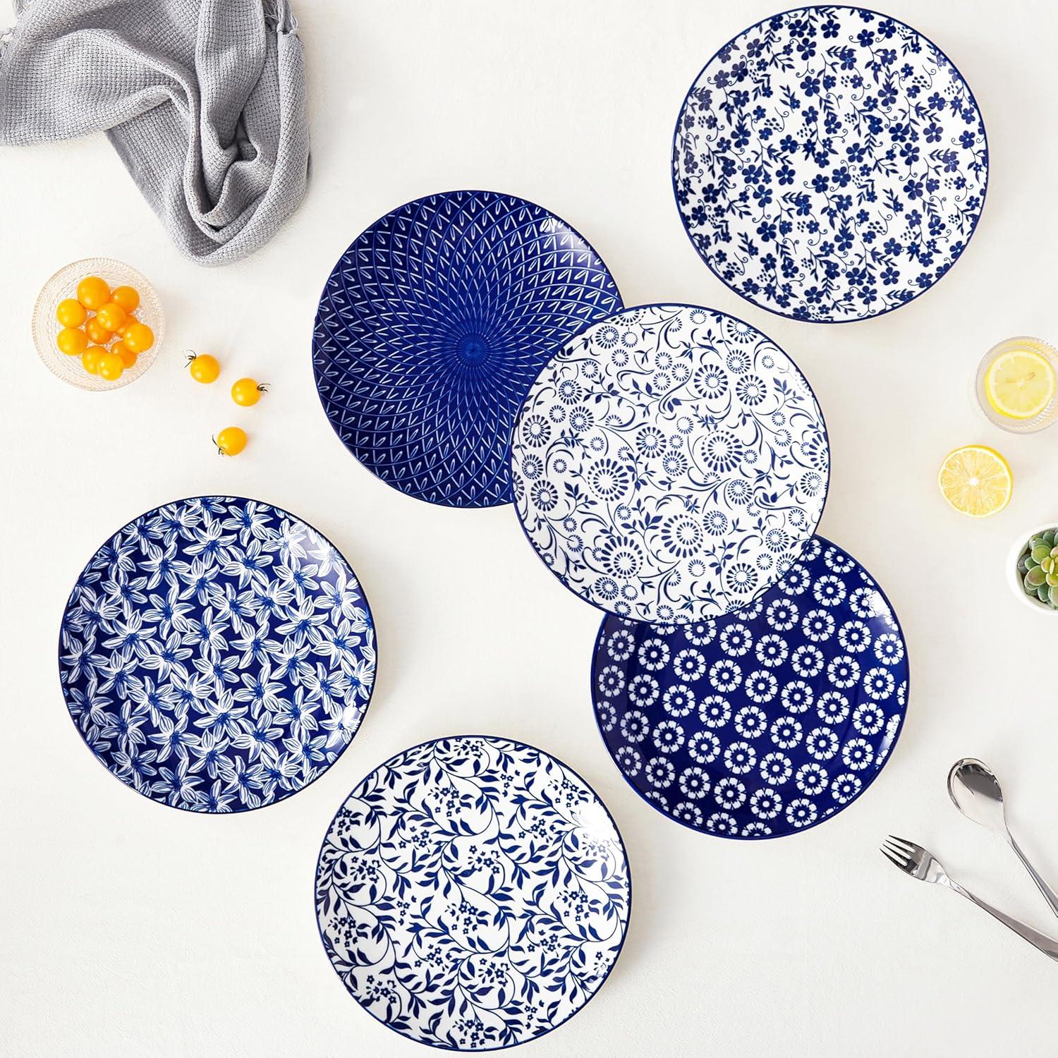 imagevancasso Ceramic Dinner Plates Set of 6 Large Vintage Plates 1025 Inch Set of 6 for Kitchen Porcelain Blue and White Plates for Kitchen Microwave Oven Dishwasher Safe Vintage Gift BlueBlue