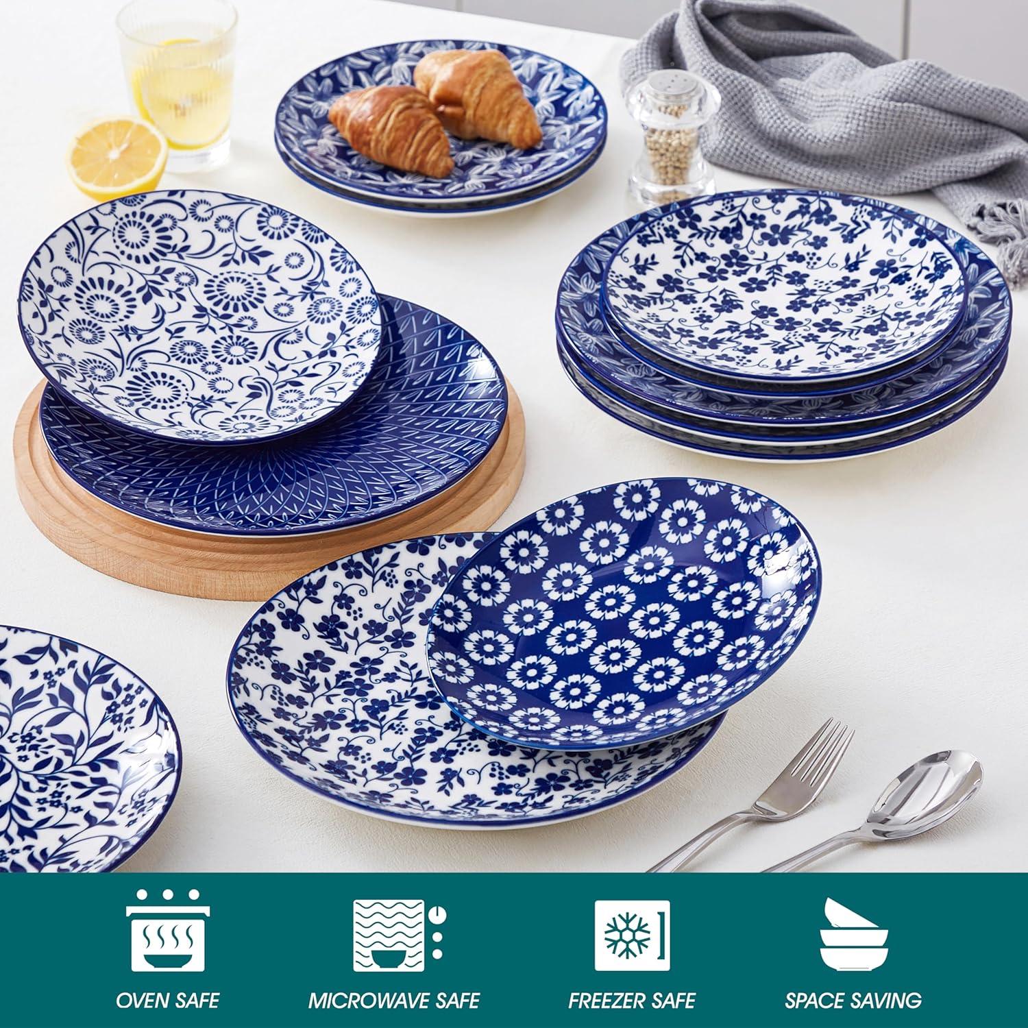 imagevancasso Ceramic Dinner Plates Set of 6 Large Vintage Plates 1025 Inch Set of 6 for Kitchen Porcelain Blue and White Plates for Kitchen Microwave Oven Dishwasher Safe Vintage Gift BlueBlue